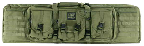 Bulldog BDT6043G BDT Tactical Double Rifle Case made of Nylon with Green Finish 3 Accessory Pockets  Deluxe Padded Backstraps Lockable Zippers & Padded Internal Divider 13 H x 43″ W x 4″ D Interior Dimensions”