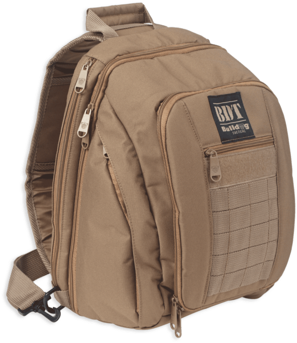 Bulldog BDT408T BDT Tactical Sling Pack Small Style made of Nylon with Tan Finish Padded Compartments Conceal Carry Pockets & Includes Universal Holster 14″ H x 10″ W x 7″ D