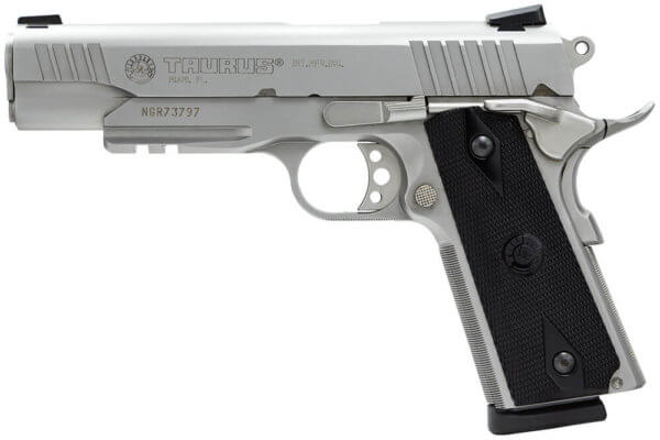 Taurus 1191109SS1 1911  45 ACP Caliber with 5″ Barrel  8+1 Capacity  Overall Matte Stainless Steel Finish  Picatinny Rail/Beavertail Frame  Serrated Slide & Checkered Polymer Grip Includes 2 Mags
