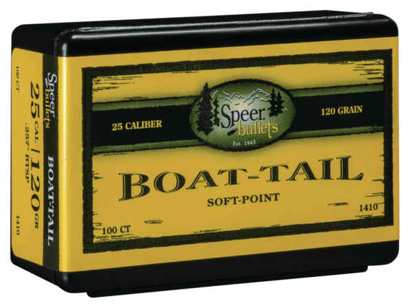 Speer Bullets 1410 Boat-Tail 25 Caliber .257 120 GR Jacketed Soft Point Boat Tail (JSPBT) 100 Box