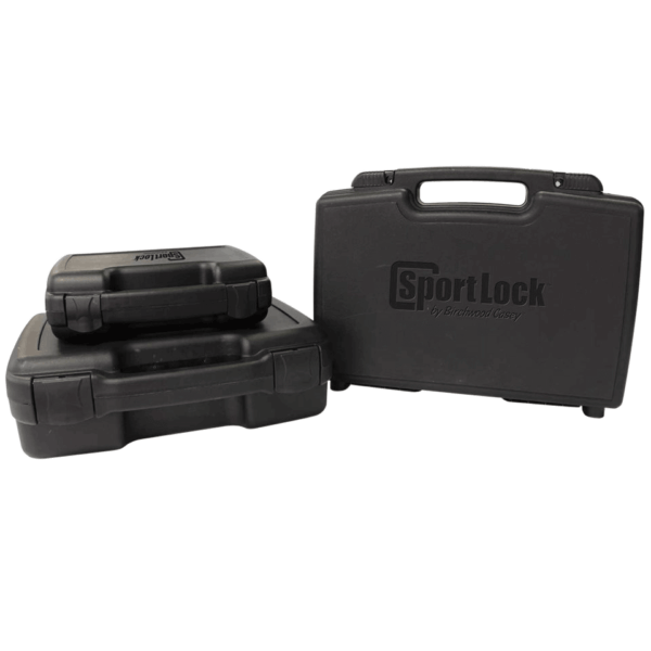 Birchwood Casey 03004 SportLock Single Handgun Case made of Molded Plastic with Black Finish Snaps Foam Padding & is Lockable 7.50″ H x 13.50″ W x 3″ D Interior Dimensions