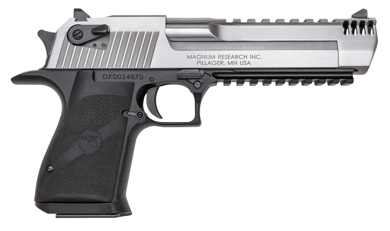 Magnum Research DE50ASIMB Desert Eagle Mark XIX L6 50 AE 7+1  6″ Stainless Steel w/Integral Muzzle Brake & Picatinny Rail Barrel & Serrated Slide  Black Anodized Aluminum Frame w/Beavertail & Picatinny Rail  Black Polymer Grip  Ambidextrous Safety  Right