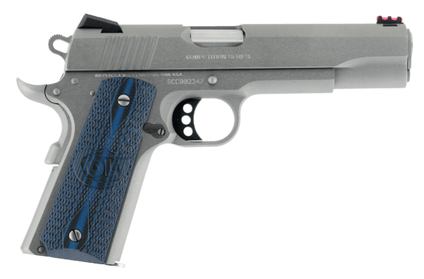 Colt Mfg O1070CCS 1911 Competition 45 ACP Caliber with 5″ National Match Barrel 8+1 Capacity Stainless Steel Finish Frame Serrated Slide Scalloped Blue Checkered G10 Grip & 70 Series Firing System
