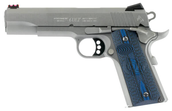 Colt Mfg O1070CCS 1911 Competition 45 ACP Caliber with 5″ National Match Barrel 8+1 Capacity Stainless Steel Finish Frame Serrated Slide Scalloped Blue Checkered G10 Grip & 70 Series Firing System