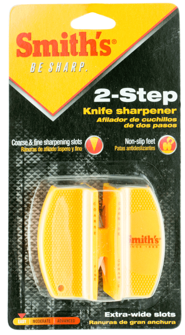 Smiths Products CCKS Knife Sharpener 2-Step Fine Coarse Carbide Ceramic Sharpener Rubber Handle Yellow