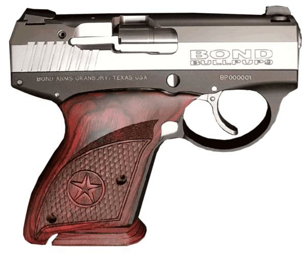 Bond Arms BABP BullPup9 9mm Luger 7+1 3.35″ Barrel Aluminum Frame Serrated Stainless Steel Slide 3 Dot Dovetail Drift Adjustable Sights Engraved Rosewood Grip No Safety