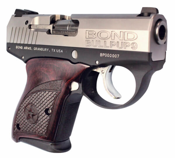 Bond Arms BABP BullPup9 9mm Luger 7+1 3.35″ Barrel Aluminum Frame Serrated Stainless Steel Slide 3 Dot Dovetail Drift Adjustable Sights Engraved Rosewood Grip No Safety