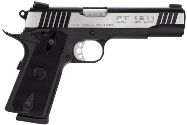 Taurus 1191101DT 1911 45 ACP Caliber with 5″ Barrel, 8+1 Capacity, Matte Black Finish Beavertail Frame, Serrated Stainless Steel with Black Accents Slide & Checkered Polymer Grip Includes 2 Mags