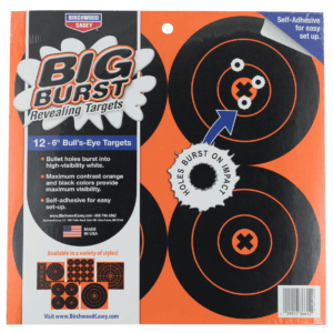 Birchwood Casey 36612 Big Burst Revealing Target Self-Adhesive Paper Black/Orange 6″ Bullseye 12 PK