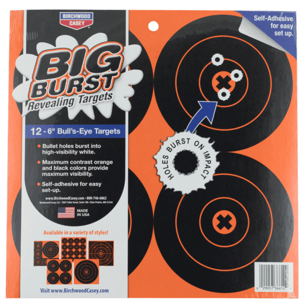 Birchwood Casey 36612 Big Burst Revealing Target Self-Adhesive Paper Black/Orange 6″ Bullseye 12 PK
