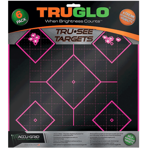TruGlo TG14P6 Tru-See 5- Diamond Target Black/Pink Self-Adhesive Paper Universal Heavy Paper Yes Impact Enhancement Pink 6 Pack Includes Pasters