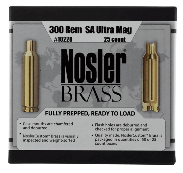 Nosler 10228 Premium Brass Unprimed Cases 300 Rem SAUM Rifle Brass 25 Per Box