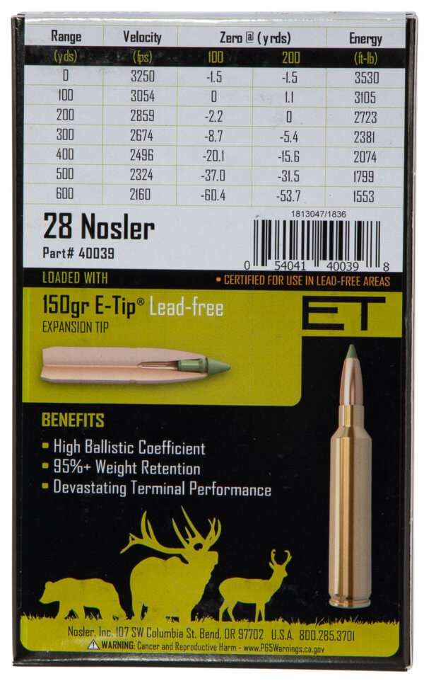 Nosler 40039 E-Tip 28 Nosler 150 gr E-Tip Lead-Free 20rd Box