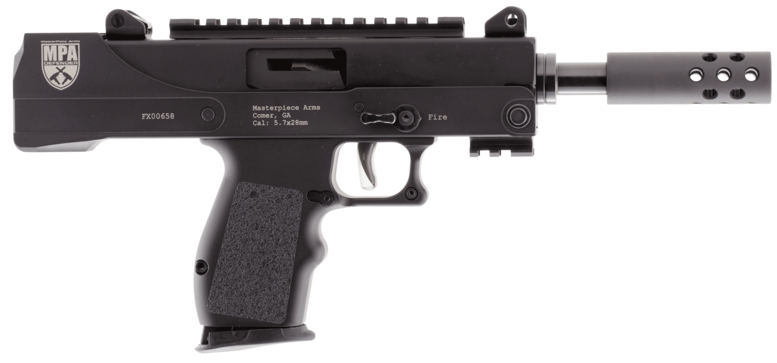 MasterPiece Arms 57DMG Defender  5.7x28mm 20+1 5″ Threaded Barrel w/Muzzle Brake  Machined Aluminum Lower Receiver w/Picatinny Accessory Rail  Compatible w/FN 57 20rd & 30rd Magazines  Aluminum Grips