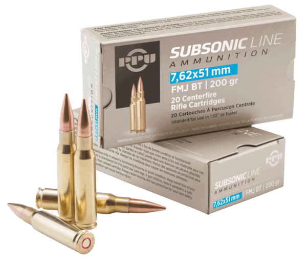 PPU PPS762 Subsonic Rifle 7.62x51mm NATO 200 gr Full Metal Jacket Boat-Tail (FMJBT) 20rd Box