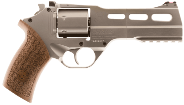 Chiappa Firearms CF340247 Rhino 50SAR *CA Compliant 357 Mag 6 Shot 5″ Nickel-Plated Steel Barrel & Cylinder Nickel-Plated Aluminum Frame & Barrel Shroud Picatinny Rail Walnut Grip