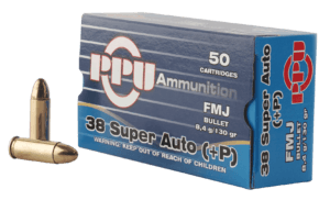 PPU PPH38SU Handgun Defense 38 Super +P 130 gr Full Metal Jacket (FMJ) 50rd Box