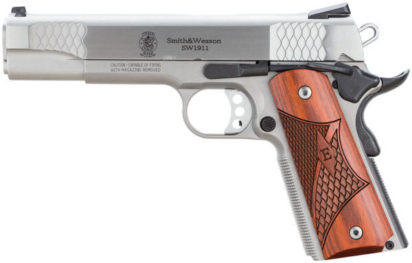 Smith & Wesson 108482 1911 E-Series Serrated Frame 45 ACP 8+1 5 Stainless Steel Barrel  Satin Stainless Serrated Slide & Frame w/Beavertail  Laminate Wood Grip”