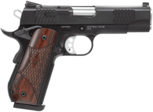Smith & Wesson 108485 1911 E-Series Full Size Frame 45 ACP 8+1 4.25″ Stainless Steel Barrel  Satin Stainless Serrated Stainless Steel Slide  Black Aluminum Frame w/Beavertail  Round Butt Laminate Wood Grip