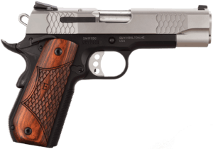 Smith & Wesson 108485 1911 E-Series Full Size Frame 45 ACP 8+1 4.25″ Stainless Steel Barrel  Satin Stainless Serrated Stainless Steel Slide  Black Aluminum Frame w/Beavertail  Round Butt Laminate Wood Grip