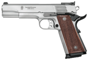 Smith & Wesson 178047 1911 Performance Center Pro  Full Size Frame 9mm Luger 10+1 5 Stainless Steel Barrel  Matte Silver Serrated Stainless Steel Slide & Frame w/Beavertail  Wood Grip”