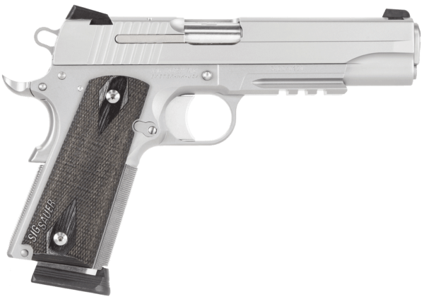 Sig Sauer 1911R45SSSCA 1911 *CA Compliant Full Size Frame 45 ACP 8+1  5 Black Carbon Steel Barrel  Serrated Stainless Steel Slide  Stainless Steel Frame w/Beavertail & Picatinny Rail  Blackwood Grip  No Safety  Right Hand”