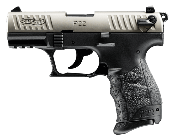 Walther Arms 5120336 P22 *CA Compliant 22 LR 10+1 3.42″ Nickel Serrated/Steel Slide Black Polymer Frame w/Picatinny Rail Black Interchangeable Backstrap Grips
