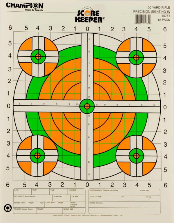 Champion Targets 45761 Score Keeper Bullseye Paper Hanging 100 yds Rifle 14″ x 18″ Green/Orange 12 PK