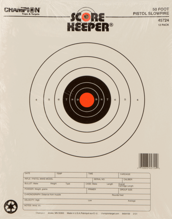 Champion Targets 45723 Score Keeper Slow Fire Bullseye Paper Hanging 25 yds Pistol 11″ x 16″ Black/Orange 12 PK