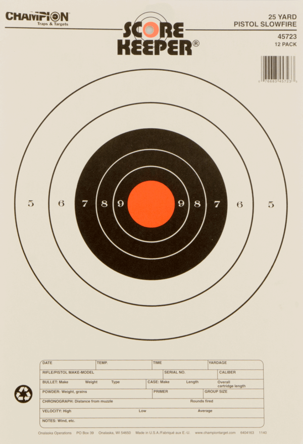 Champion Targets 45723 Score Keeper Slow Fire Bullseye Paper Hanging 25 yds Pistol 11″ x 16″ Black/Orange 12 PK