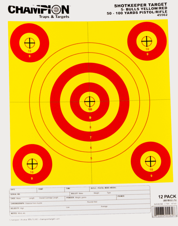 Champion Targets 45562 Shotkeeper 5-Bullseye 50-100 yds Pistol/Rifle Yellow/Red 12 PK