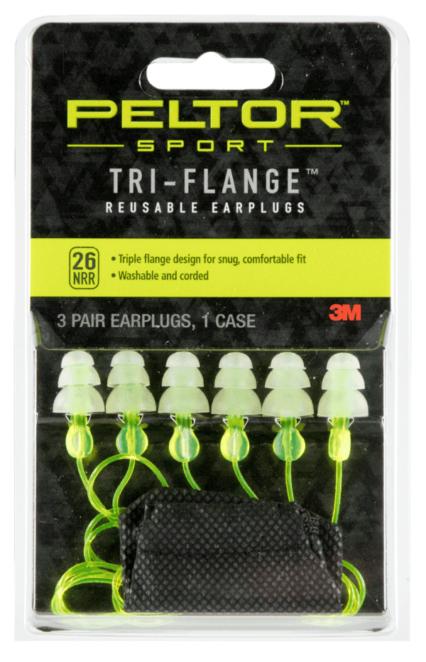 Peltor 97317 Tri-Flange Reusable Earplugs Polymer 26 dB In The Ear Yellow Buds with Yellow Cord Adult 3 Pair