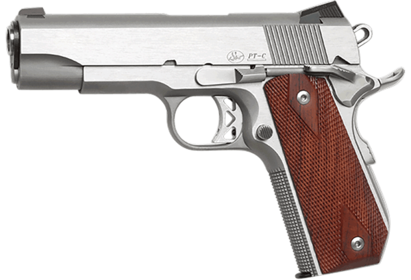 Dan Wesson 01912 Commander Classic *CA Compliant 45 ACP Caliber with 4.25″ Barrel 8+1 Capacity Overall Brushed Stainless Steel Finish Bobtail Frame Serrated Slide & Wood Grip