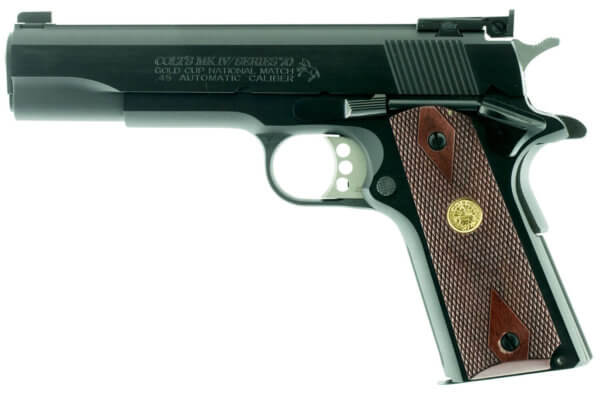 Colt Mfg O5870A1 1911 Gold Cup National Match 45 ACP Caliber with 5″ National Match Barrel 8+1 Capacity Blued Finish Carbon Steel Frame Serrated Slide & Walnut with Integrated Gold Medallion Grip