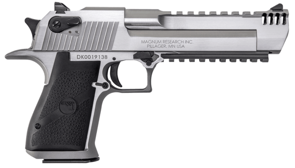 Magnum Research DE50SRMB Desert Eagle Mark XIX 50 AE 7+1  6 Stainless Stainless Steel w/Muzzle Brake & Picatinny Rail Barrel  Serrated Stainless Steel Slide & Frame w/Beavertail & Picatinny Rail  Black Rubber Grip  Ambidextrous Safety  Right Hand”