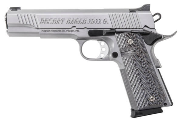 Magnum Research DE1911GSS 1911 G 45 ACP Caliber with 5.01″ Barrel 8+1 Capacity Overall Matte Stainless Steel Finish Beavertail Frame Serrate Slide & Black/Gray G10 Grip
