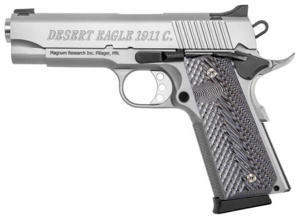 Magnum Research DE1911CSS 1911 C 45 ACP Caliber with 4.30″ Bull Barrel 8+1 Capacity Overall Matte Stainless Steel Finish Beavertail Frame Serrated Slide & Black/Gray G10 Grip
