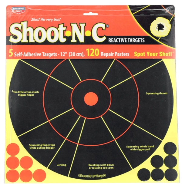 Birchwood Casey 34032 Shoot-N-C Handgun Trainer Self-Adhesive Paper Handgun Black/Yellow 12″ Circle Includes Pasters 5 Pack