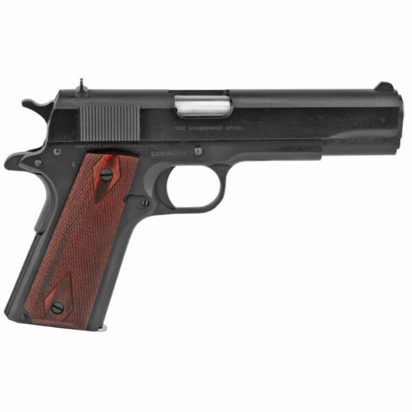 Colt Mfg O1911C38 1911 Government 38 Super Caliber with 5″ National Match Barrel 9+1 Capacity Overall Blued Steel Serrated Slide Checkered Black Cherry G10 Grip & 70 Series Firing System