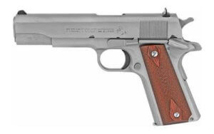 Colt Mfg O1911CSS38 1911 Government 38 Super Caliber with 5″ National Match Barrel 9+1 Capacity Overall Stainless Steel Finish Serrated Slide Black Rubber Grip & 70 Series Firing System