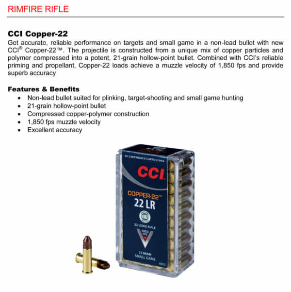 CCI 925CC Copper-22 MeatEater 22 LR 21 gr 1850 fps Copper Hollow Point (CHP) 50rd Box