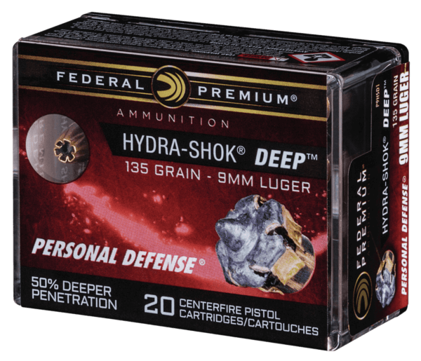 Federal P9HSD1 Premium Personal Defense 9mm Luger 135 gr Hydra-Shok Deep Hollow Point 20rd Box
