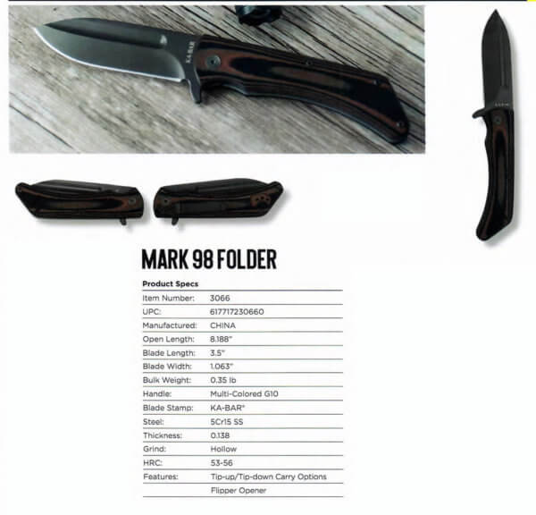 Ka-Bar 3066 Mark 98 3.50″ Spear Point Plain 5Cr15 Stainless Steel G10 Multi Color Handle Folding