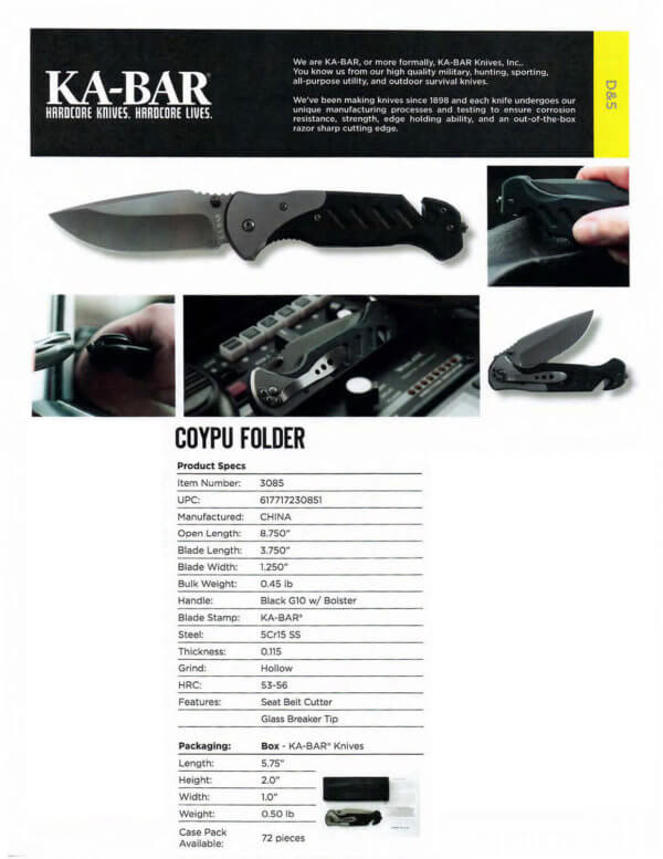 Ka-Bar 3085 Coypu 3.75″ Clip Point Plain 5Cr15 Stainless Steel G10 Black Handle Folding