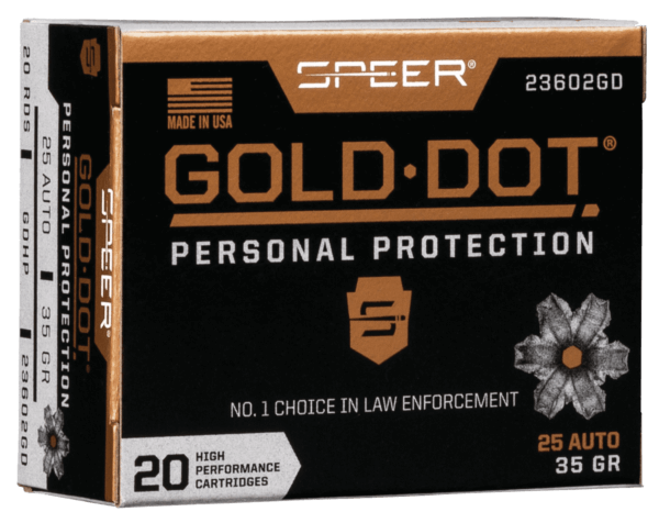 Speer 23602GD Gold Dot Personal Protection 25 ACP 35 gr 900 fps Hollow Point (HP) 20rd Box