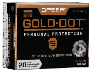 Speer Ammo 23604GD Gold Dot Personal Protection 32 ACP 60 gr Hollow Point (HP) 20rd Box