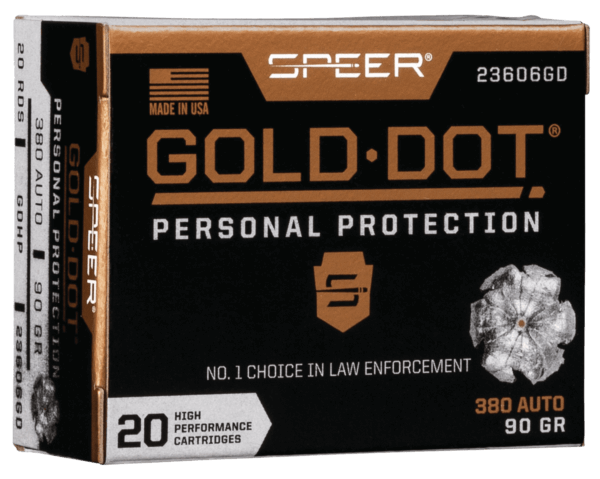 Speer 23606GD Gold Dot Personal Protection 380 ACP 90 gr 1040 fps Hollow Point (HP) 20rd Box