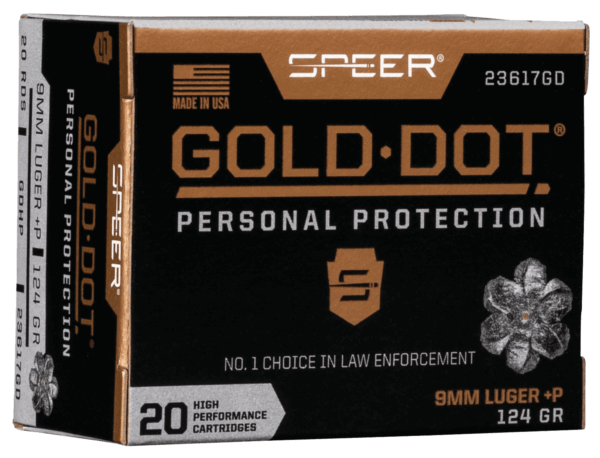Speer 23617GD Gold Dot Personal Protection 9mm Luger +P 124 gr 1220 fps Hollow Point (HP) 20rd Box