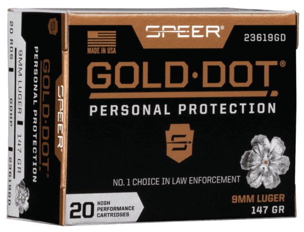 Speer 23619GD Gold Dot Personal Protection 9mm Luger 147 gr 985 fps Hollow Point (HP) 20rd Box