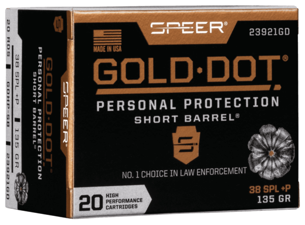 Speer 23921GD Gold Dot Personal Protection Short Barrel 38 Special +P 135 gr 860 fps Hollow Point (HP) 20rd Box